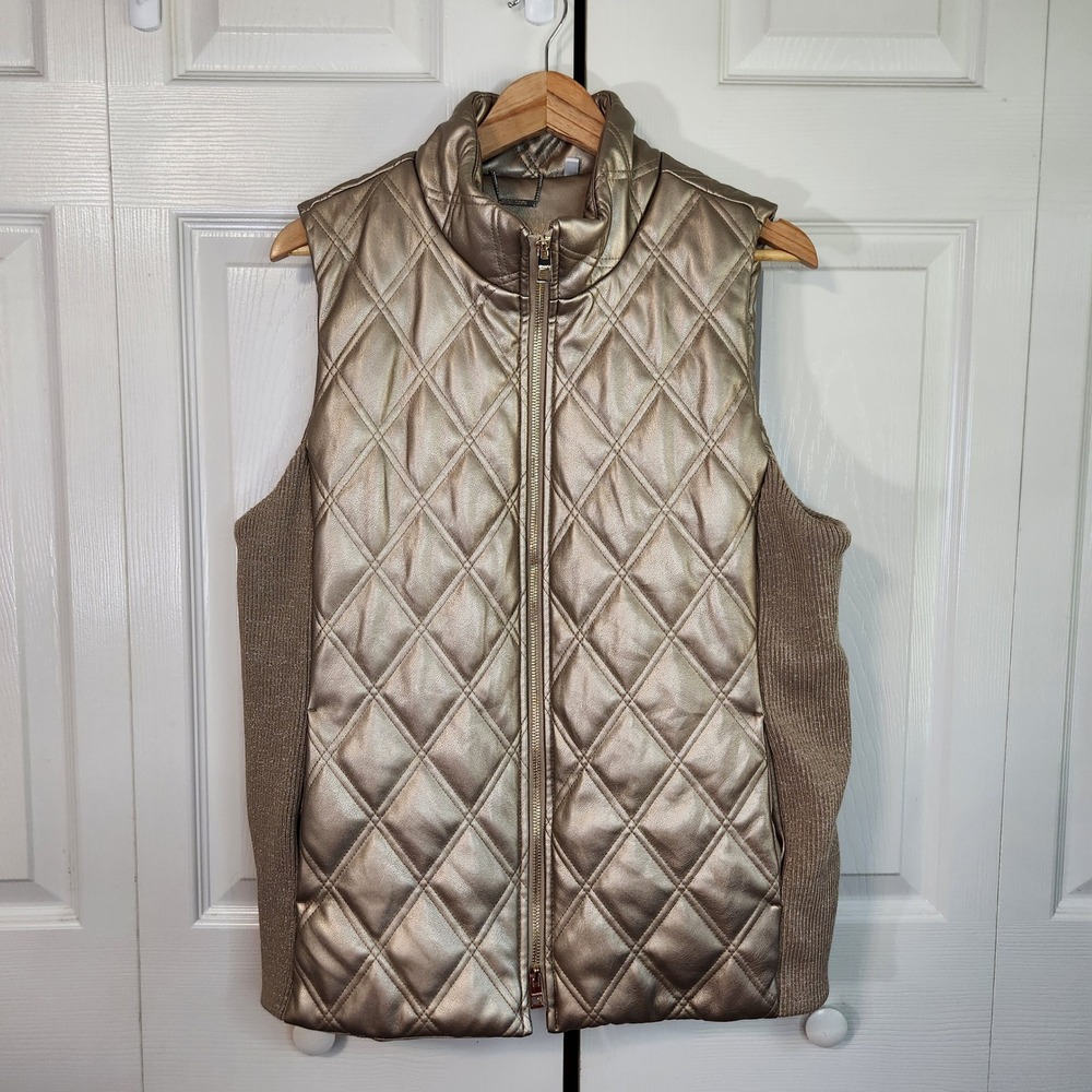 Chico's Metallic Gold Quilted Vest Faux Leather Knit Sides Size 2 L Full Zip